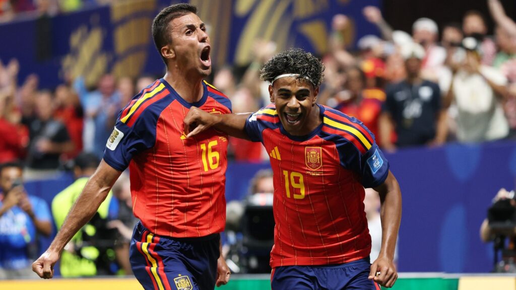 Spain's Lamine Yamal and Rodri celebrating at World Cup 2026