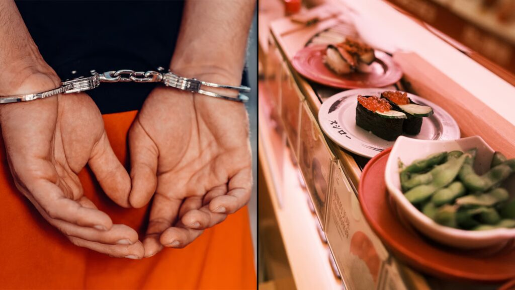 A photo of a handcuffed man next to a photo of conveyor belt sushi.