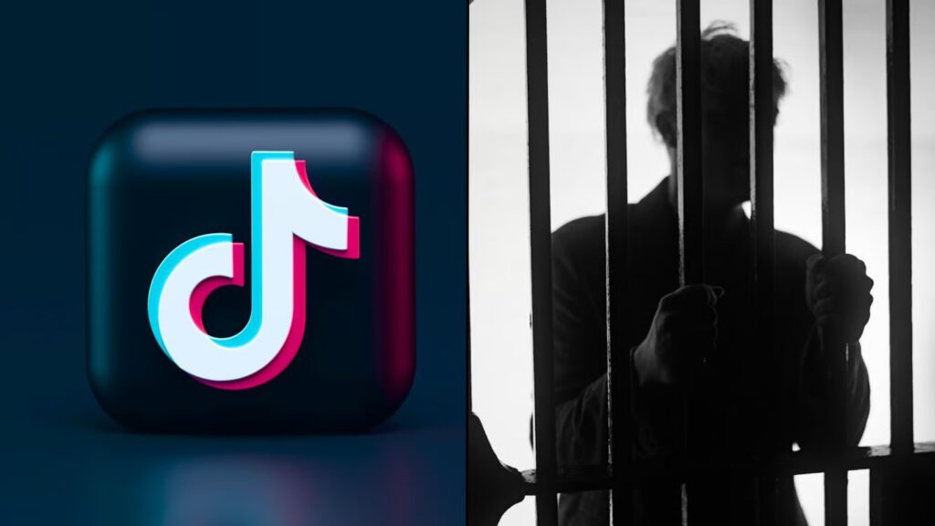 TikTok logo alongside man behind jail cell bars