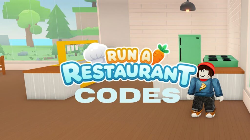 A player standing infront of a kitchen counter in Roblox Run a Restaurant with the game's logo and 'CODES' text displayed over it.