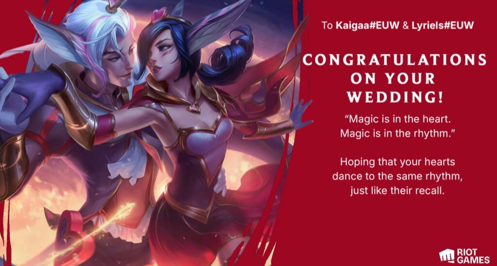 The ultimate duo queue: Riot sends a custom wedding gift to longtime League of Legends partners congrats on your wedding from riot