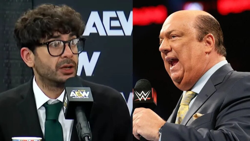 Tony Khan &amp; Paul Heyman (Image via YouTube/All Elite Wrestling &amp; WWE.com)