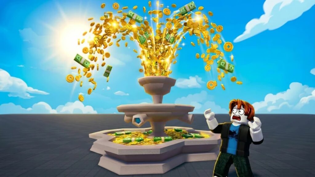 Coins coming out of a fountain in Roblox Throw a Coin.