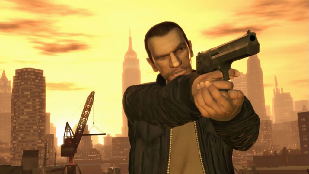 Ex-GTA dev reveals feature that was so “problematic” it needed to be removed Niko Belic pointing gun at target in gta 4 with yellow background