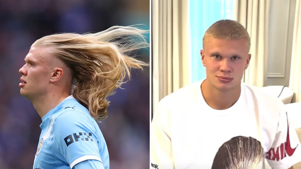 Erling Haaland sat down having a haircut