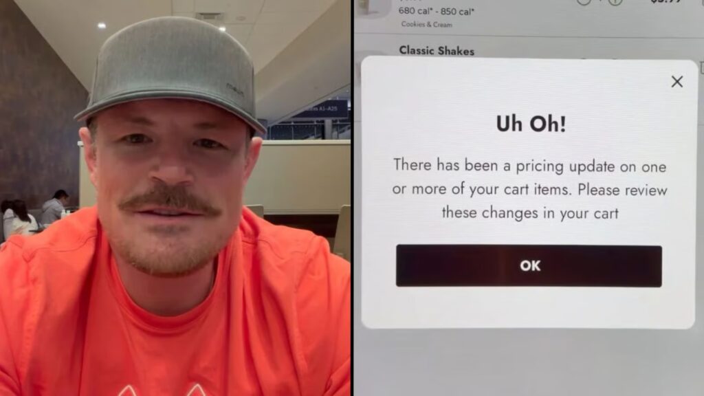 Shake Shack responds as viral video claims prices increase if you don’t tip Man in orange shirt talking to camera alongside screen with writing on