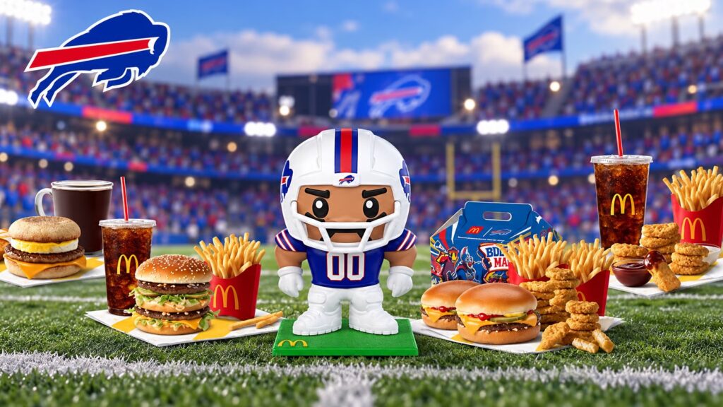 McDonald’s launches New York-only CollectiBILLS Meal with Bills bobblehead black and white chess pieces set up with blue background