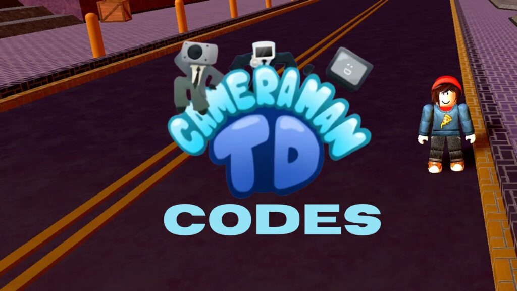 A player stnading in the lobby in Roblox Cameraman Tower Defense, with the game's logo and 'CODES' text displayed over it.