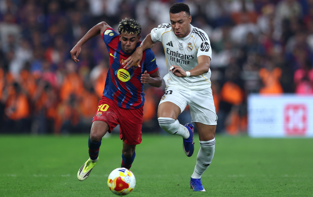 How to watch Barcelona vs Real Madrid for FREE: stream El Clásico live Kylian Mbappe of Real Madrid battles for possession with Lamine Yamal of FC Barcelona