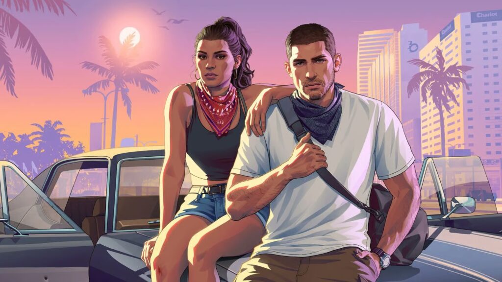 Jason and Lucia sat on car hood in GTA 6 with BuckMe logo in background